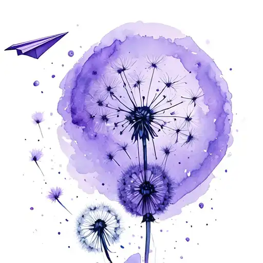 dandelion flower, purple balloon flying, paper airplane, husky tattoo design idea