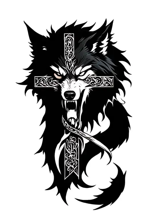 Wolf angry with a cross intertwined tattoo design idea