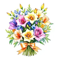 gladiolus, jonquil, rose, sweet pea flower bouquet tied with bow line tattoo colored. tattoo design idea