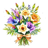 gladiolus, jonquil, rose, sweet pea flower bouquet tied with bow line tattoo colored. tattoo design idea