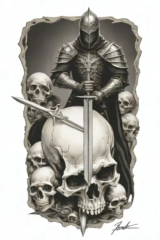 midevil knight with sword, surrounded by skulls tattoo design idea