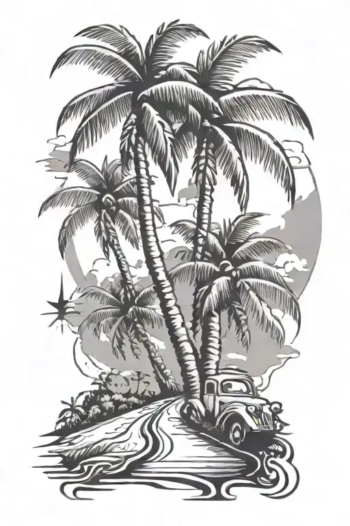 road and coconut tree tattoo design idea