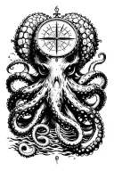 angry kracken octopus in ocean with nautical compass in middle with tentacles out wide with waves tattoo design idea