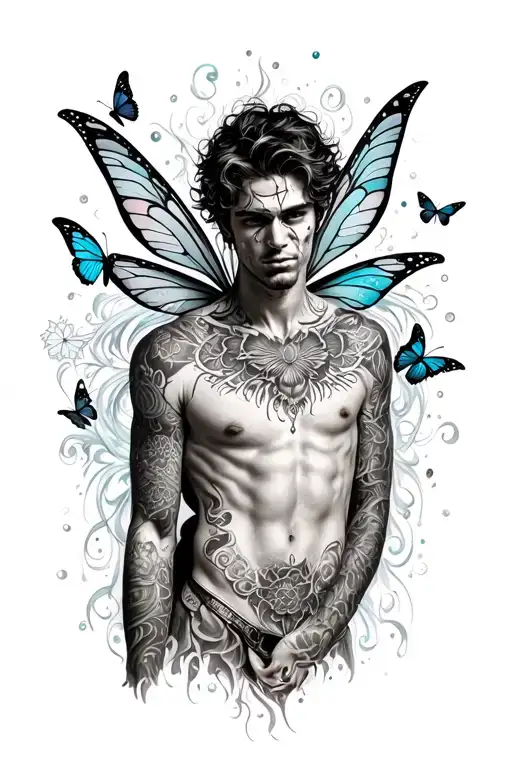 sexy male faery torso, playful, magical. Around him are butterflies, rainbows. tattoo design idea