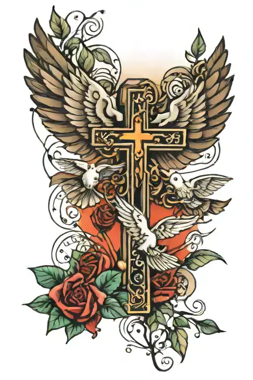 Cross & doves flying and lights tattoo design idea