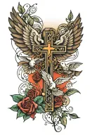 Cross & doves flying and lights tattoo design idea