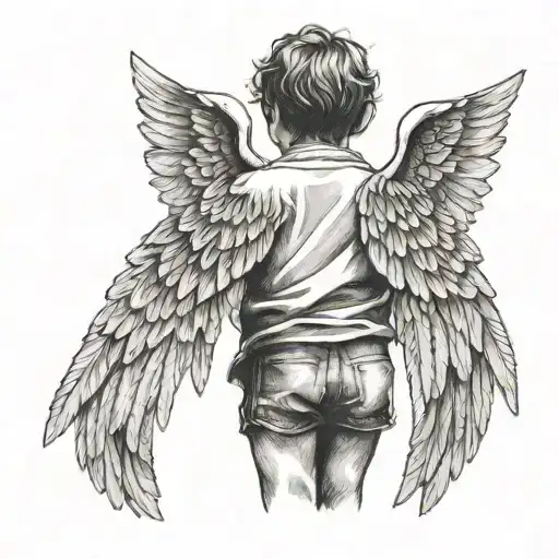 black and grey sketch of a child's back with two angels hovering over it tattoo design idea
