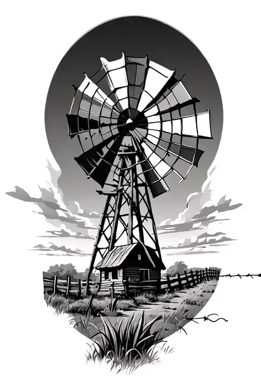 realism outback, windmill,farm, barb wire fence, homestead  tattoo design idea