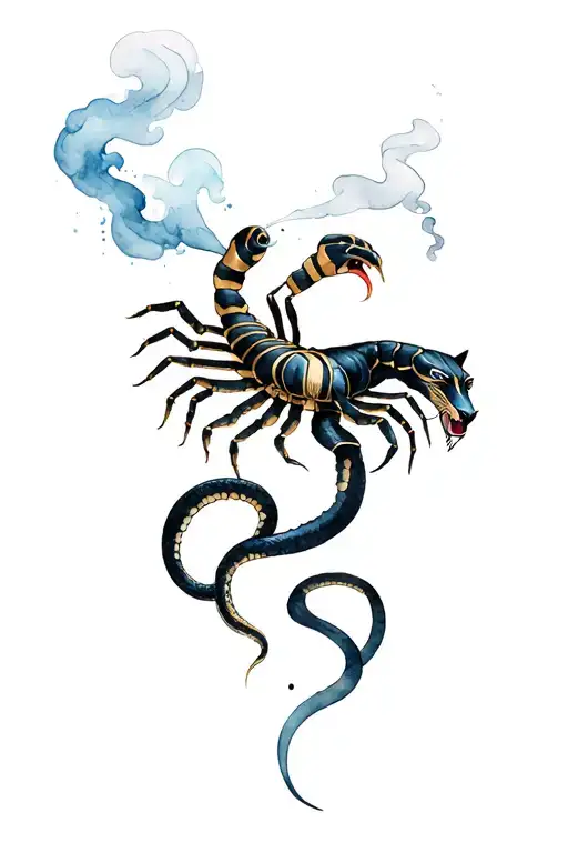 scorpion egyptian goddess blowing smoke out her mouth with black panther and snake  tattoo design idea