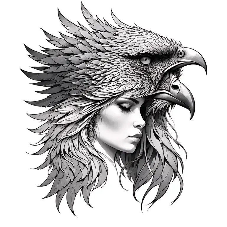 phoenix and viking woman head and tattoo design idea