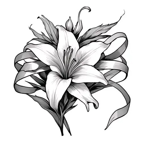 daylily and ribbon wrapped arms around herself tattoo design idea