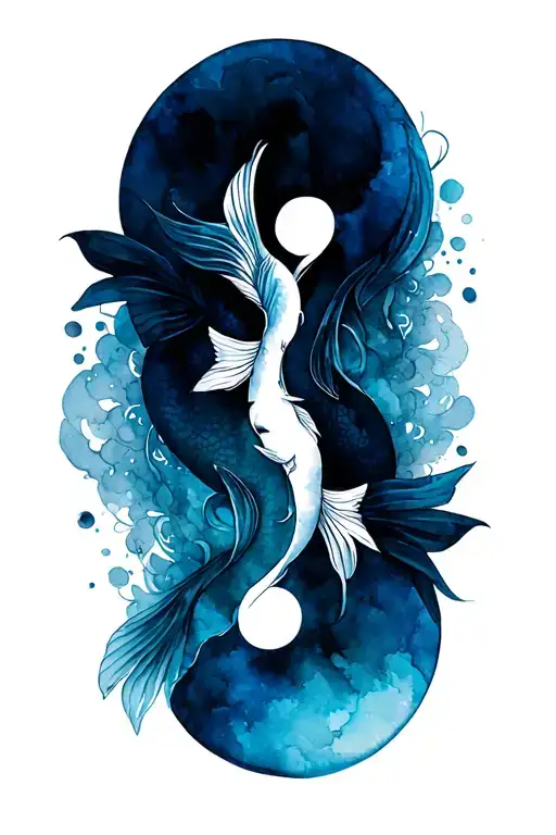 Geisha with two koi fish representing the birth zodiac Pisces, but the fish are yin and yang. the fish are transforming tattoo design idea