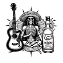 Mariachi skeleton with guitar on the left, La Katrina with a bottle of tequila on the right, Maya calendar in the middle tattoo design idea