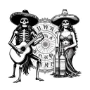 Mariachi skeleton with guitar on the left, La Katrina with a bottle of tequila on the right, Maya calendar in the middle tattoo design idea