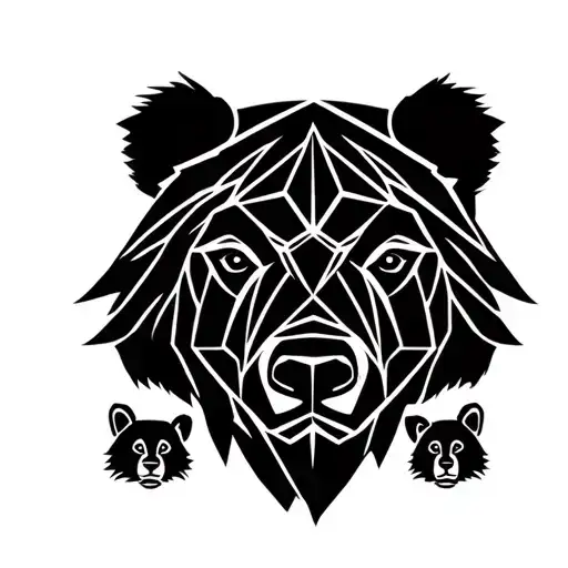 A large bear face with two bear cub faces next to it, a simple geometric black design tattoo design idea
