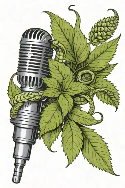 A gaboon viper coiled around a vintage microphone, with cannabis leaves intertwined in the design tattoo design idea
