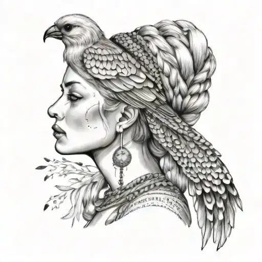 sexy blonde girl with a braid, on her head Russian kokoshnik with inscriptions, in her hand holds a bird in the eyes of  tattoo design idea