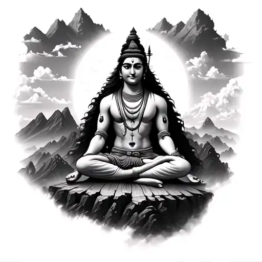 🧘‍♂️ Centerpiece:Lord Shiva in deep meditation, seated in Padmasana on Mount Kailash, with a calm but intense third e tattoo design idea