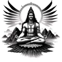 🧘‍♂️ Centerpiece:Lord Shiva in deep meditation, seated in Padmasana on Mount Kailash, with a calm but intense third e tattoo design idea