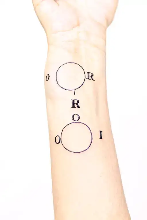 small forarm tatto for men ,letters O,R,R,O,N,I in a circle tattoo design idea