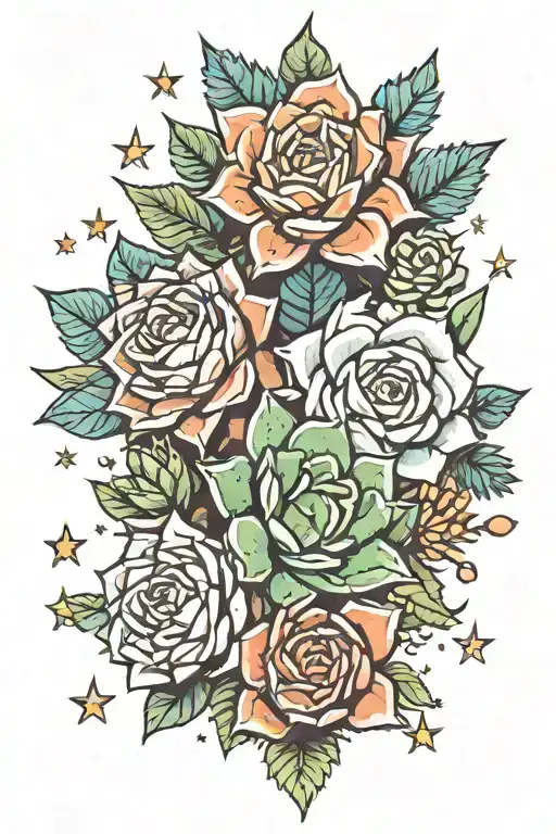 succulents and stars tattoo design idea