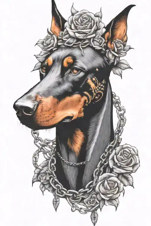 Doberman head with flowers and chains surrounded by thorns tattoo design idea