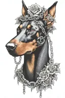 Doberman head with flowers and chains surrounded by thorns tattoo design idea