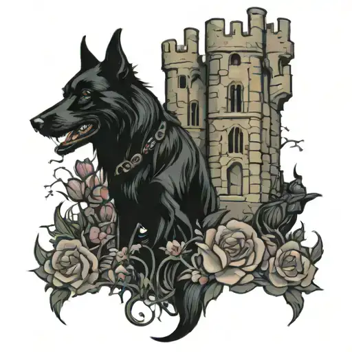 castle crumbling, black dog, pen, phone, flowers, thorns, ghosts, haunted tattoo design idea