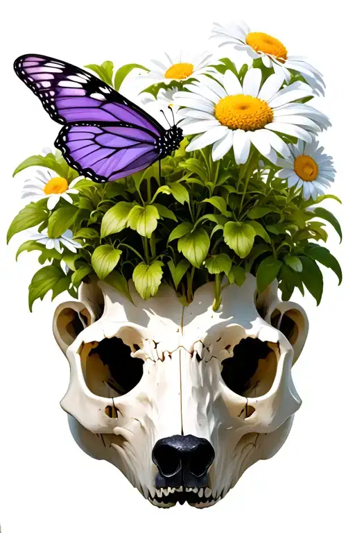 Purple butterfly landing on a daisy that is growing out of a polar bear skull tattoo design idea