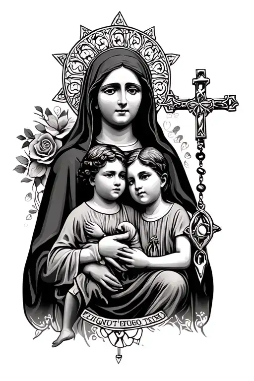 A rosary and a vector of a mother of a mother with her two children in Chiquito tattoo design idea