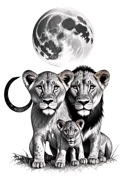 lioness and 2 lion cubs full moon tattoo design idea
