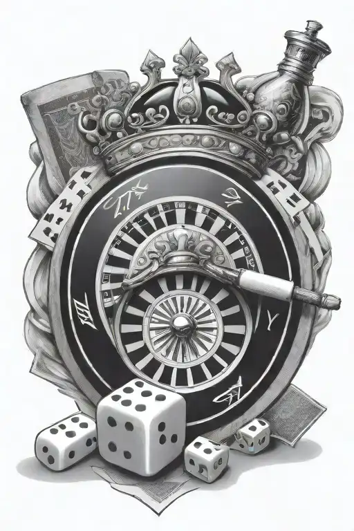 Casino roulette, crown, cigarette, dice, alcohol glass, poker cards tattoo design idea