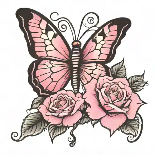 pink butterfly with a black and white rose  tattoo design idea