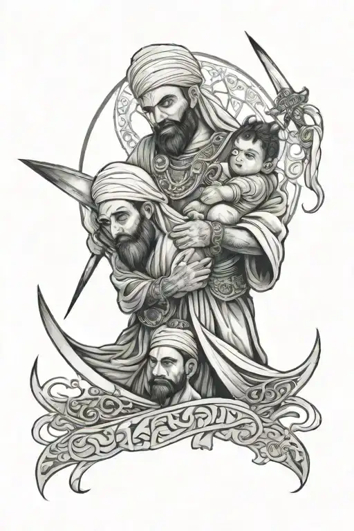 masculine big akhbari shia tattoo for half sleeve featuring imam ali sad holding baby hussein and surroinded by swords  tattoo design idea