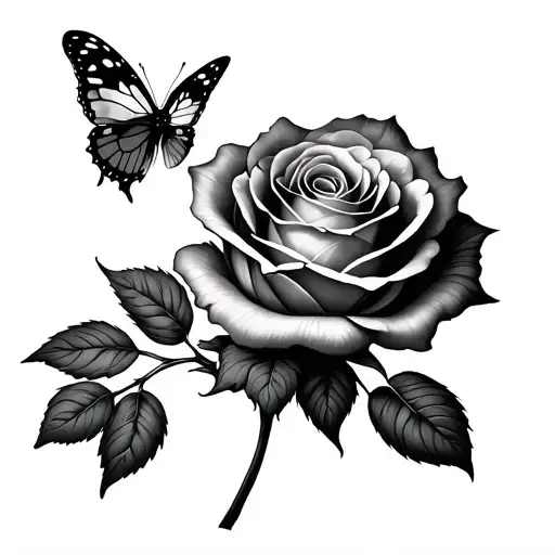 A rose with a butterfly crossing the rose on the chest stem tattoo design idea