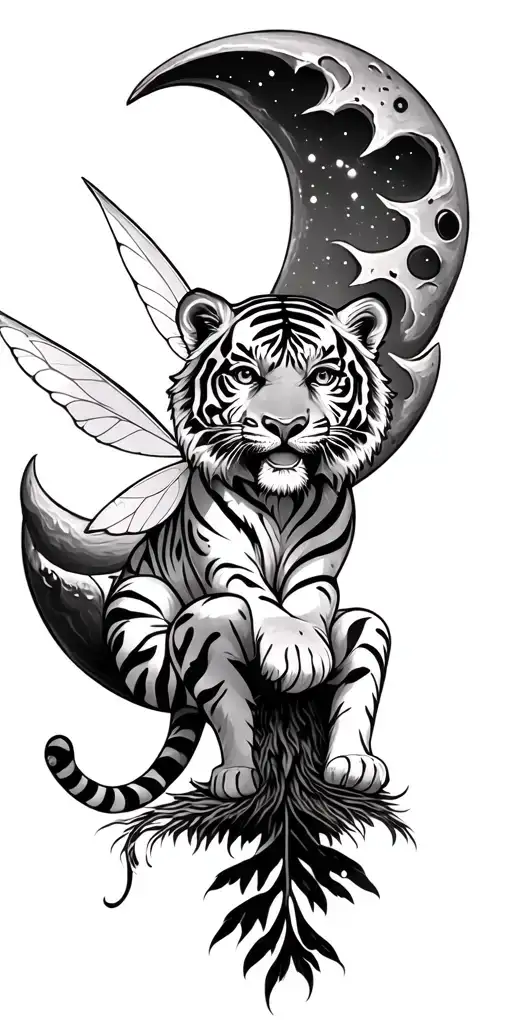 Tiger combined with tinkerbell sitting on moon tattoo design idea