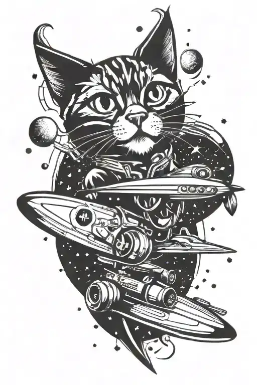 A surfing cat riding a retro futuristic space ship through a disco music galaxy tattoo design idea