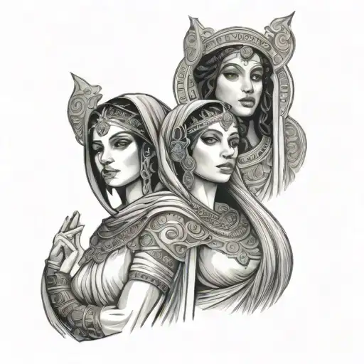 3 Moorish sisters, Greek goddesses, with the thread of destiny intertwined between them, the middle one highlighted, all looking forward tattoo design idea