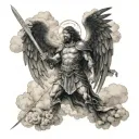 Archangel Michael wielding a sword in Enochian language script, surrounded by clouds in a blackwork style tattoo design idea