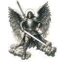 Archangel Michael wielding a sword in Enochian language script, surrounded by clouds in a blackwork style tattoo design idea