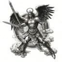 Archangel Michael wielding a sword in Enochian language script, surrounded by clouds in a blackwork style tattoo design idea