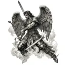 Archangel Michael wielding a sword in Enochian language script, surrounded by clouds in a blackwork style tattoo design idea