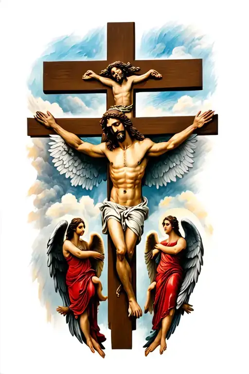 a cross with Jesus above it, 2 angels on the side and some western fillers for the rest  tattoo design idea
