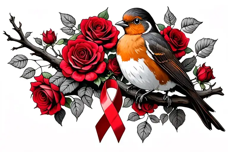 Robin with 2 legs sitting on branch surrounded by a lot of red roses with a cancer ribbon hanging off the end of it tattoo design idea