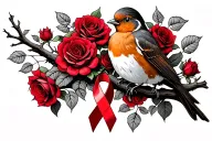 Robin with 2 legs sitting on branch surrounded by a lot of red roses with a cancer ribbon hanging off the end of it tattoo design idea