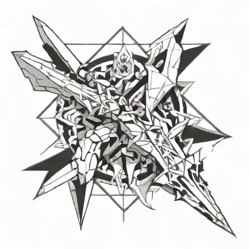 you need to make a selection of weapons from the listed anime, and make the main character art in the blade of the weapo tattoo design idea