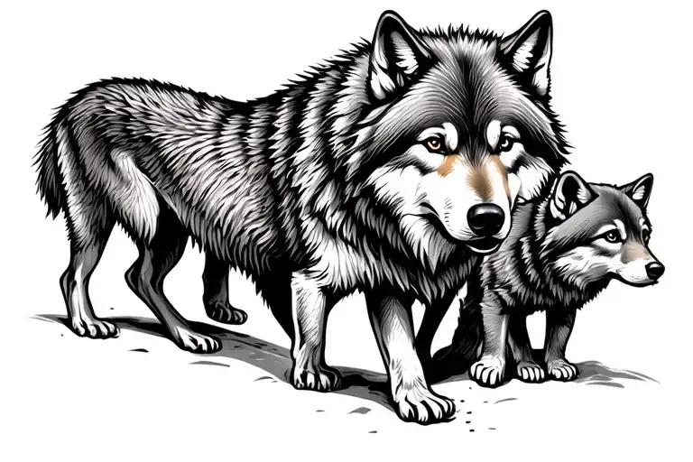 walking mom wolf and 2 cubs tattoo design idea