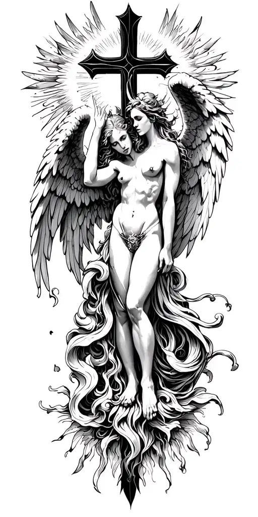 angels fighting devil sunshine cross tattoo design idea