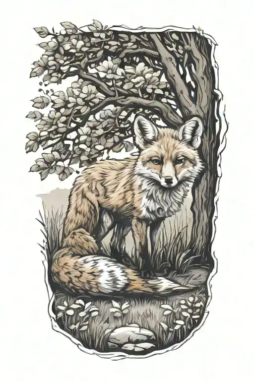 fox under a tree tattoo design idea