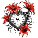 A half a sleeve with skulls and red spider lily flowers and Roman number heart shaped clock with the time 9:36pm tattoo design idea
